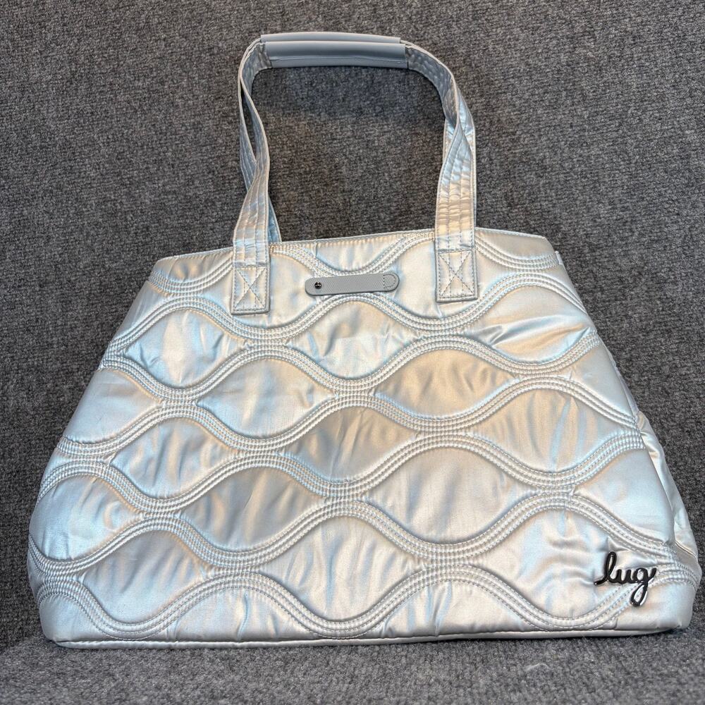 Lug Tempo Large Tote Bag Metallic Silver Quilted Travel Shoulder Lightweight